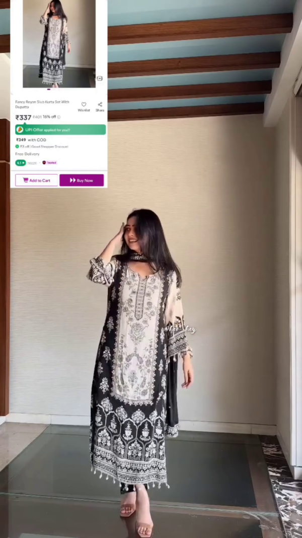 Graceful Black & Beige Printed Fancy Rayon Slub Kurta Set with Dupatta for Women – Ethnic A-Line Kurta with Intricate Print Detailing and Tassel Border – Ideal for Festive, Office & Daily Wear
