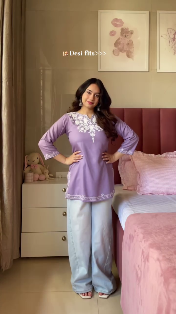 Elegant White & Blue Embroidered Cotton Kurta Set for Women – Straight Kurta with Palazzo Pants and Tassel Detailing – Dailywear Ethnic Outfit - Image 2