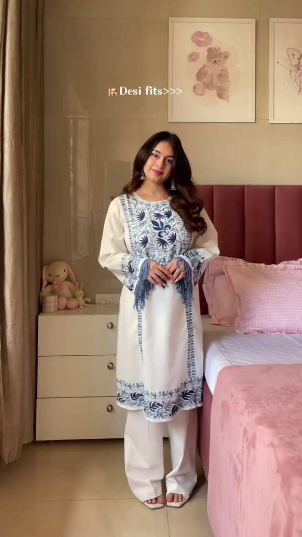 Elegant White & Blue Embroidered Cotton Kurta Set for Women – Straight Kurta with Palazzo Pants and Tassel Detailing – Dailywear Ethnic Outfit