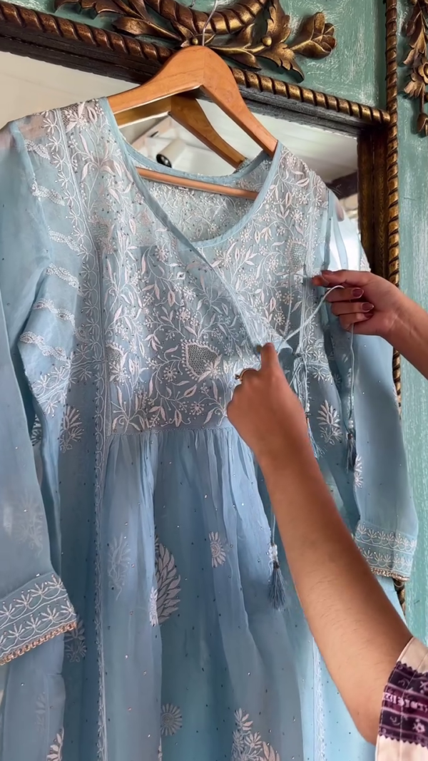 Elegant Sky Blue Hand-Embroidered Chikankari Anarkali Kurta in Premium Sheer Georgette Fabric with Intricate Floral Threadwork and Tassel Tie Detailing – Festive & Ethnic Wear for Women - Image 2