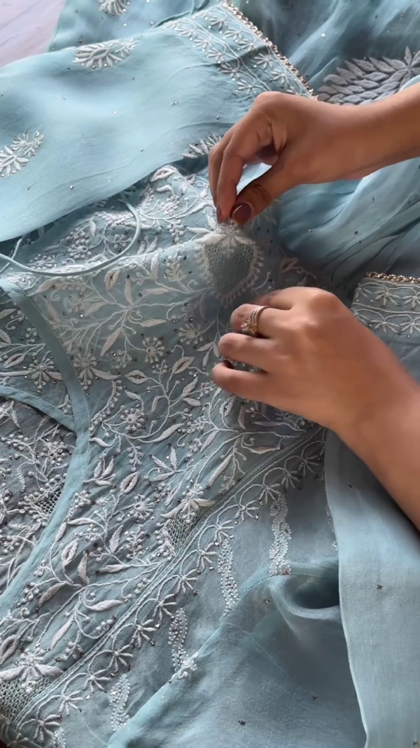 Elegant Sky Blue Hand-Embroidered Chikankari Anarkali Kurta in Premium Sheer Georgette Fabric with Intricate Floral Threadwork and Tassel Tie Detailing – Festive & Ethnic Wear for Women - Image 5