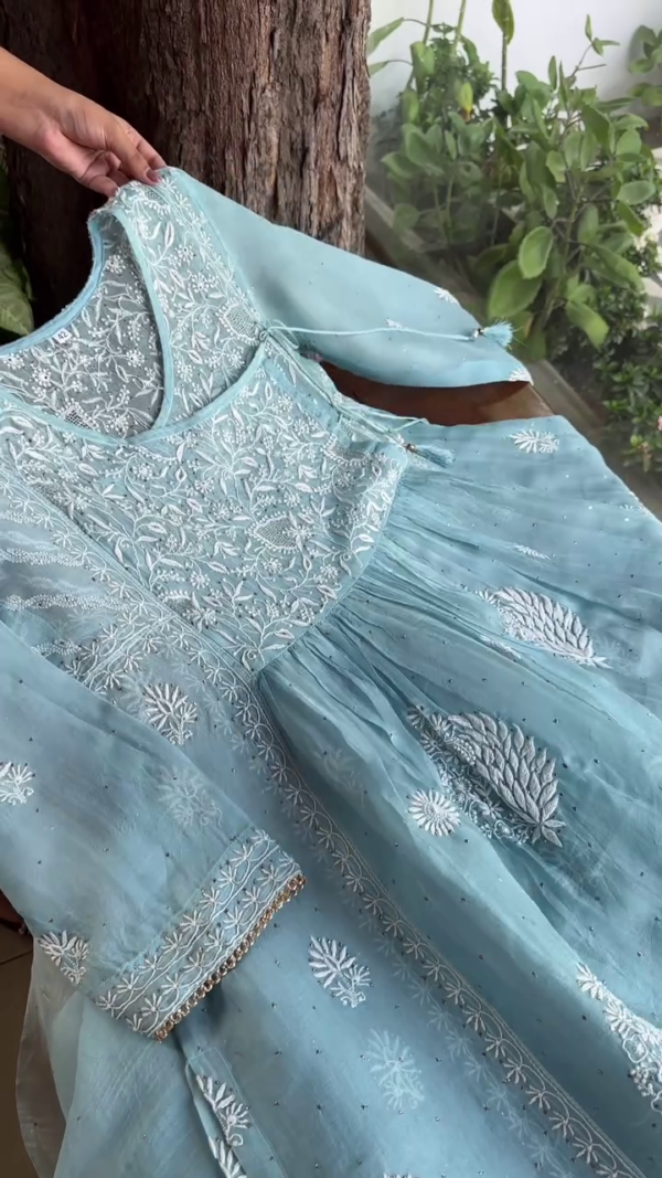 Elegant Sky Blue Hand-Embroidered Chikankari Anarkali Kurta in Premium Sheer Georgette Fabric with Intricate Floral Threadwork and Tassel Tie Detailing – Festive & Ethnic Wear for Women