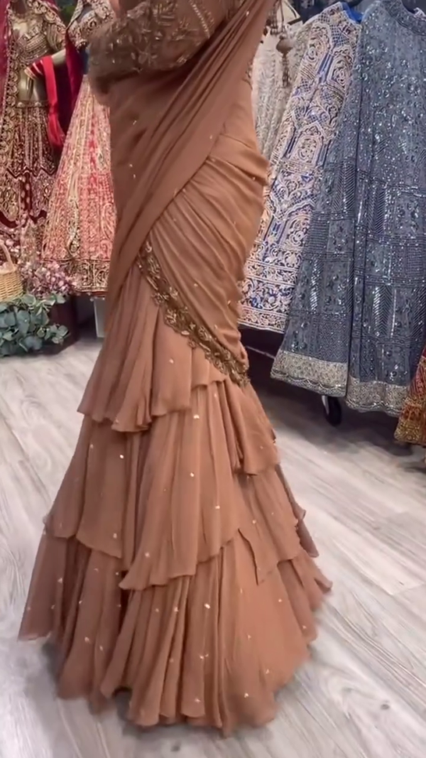 Mocha Gold Embellished Georgette Layered Saree with Handcrafted Zari & Sequin Work – Designer Couture Edition - Image 3