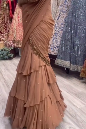 Mocha Gold Embellished Georgette Layered Saree with Handcrafted Zari & Sequin Work – Designer Couture Edition