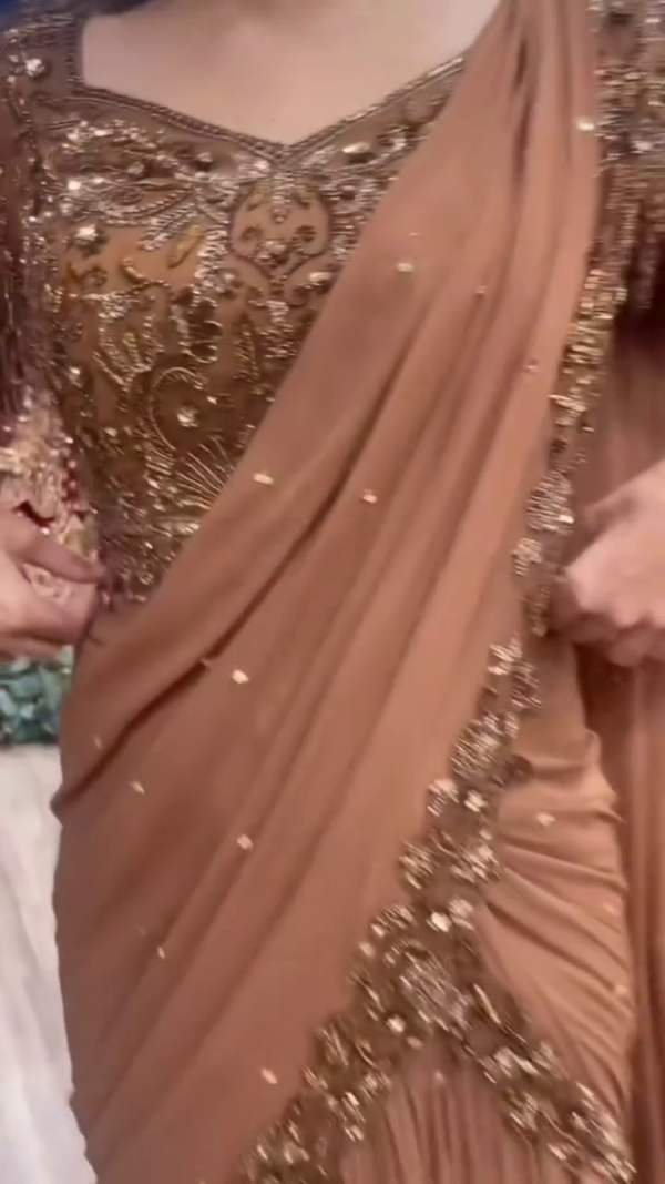 Mocha Gold Embellished Georgette Layered Saree with Handcrafted Zari & Sequin Work – Designer Couture Edition - Image 4