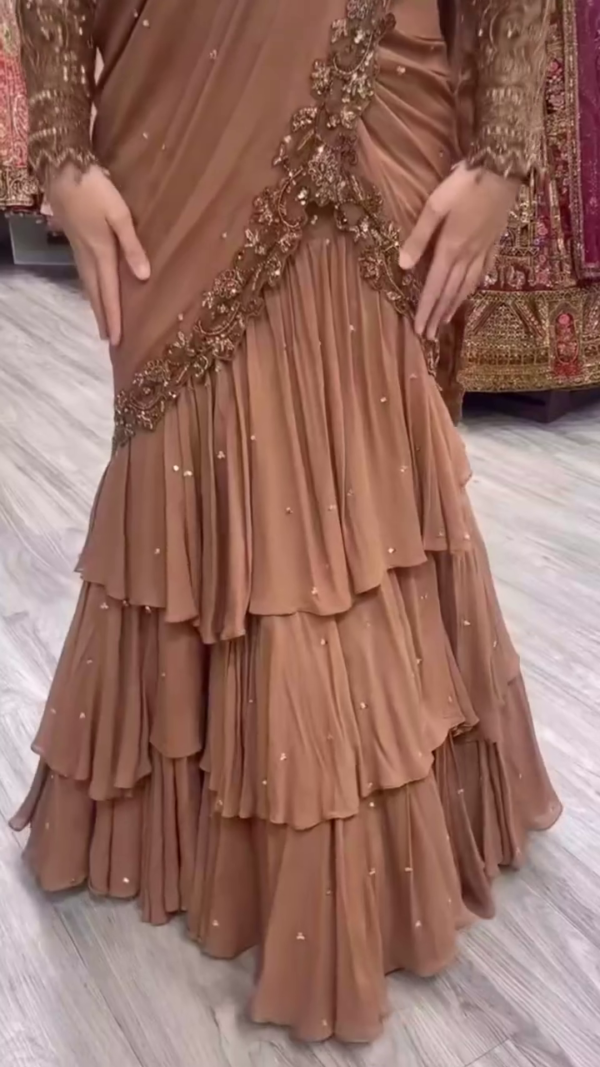 Mocha Gold Embellished Georgette Layered Saree with Handcrafted Zari & Sequin Work – Designer Couture Edition - Image 2