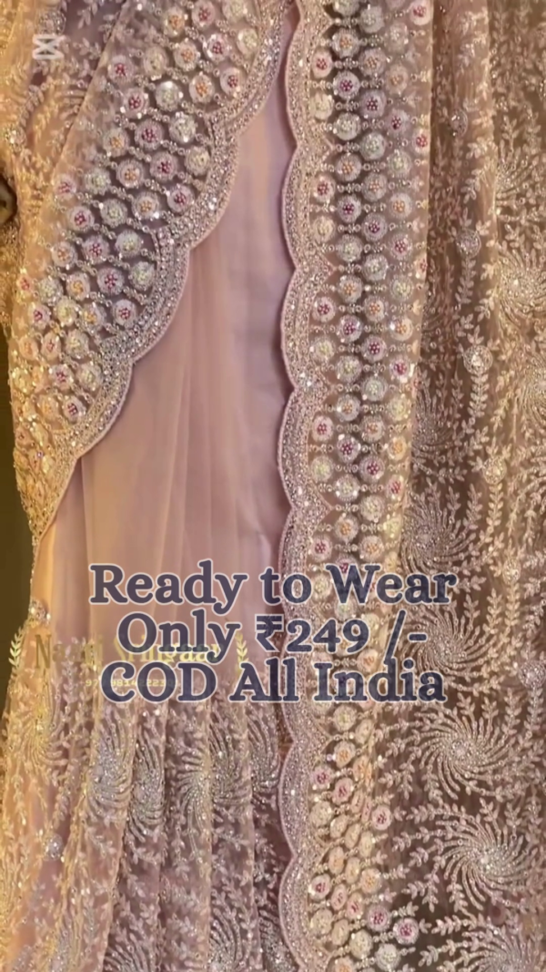Regal Lavender Heavy Embroidered Designer Net Saree with Ready-to-Wear Draping and Intricate Handwork Detailing – Ideal for Weddings, Receptions & Special Occasions” - Image 3