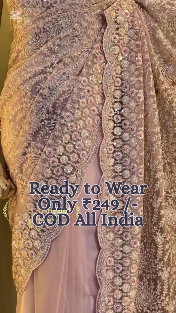 Regal Lavender Heavy Embroidered Designer Net Saree with Ready-to-Wear Draping and Intricate Handwork Detailing – Ideal for Weddings, Receptions & Special Occasions” - Image 2