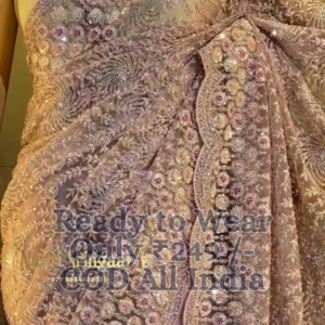 Regal Lavender Heavy Embroidered Designer Net Saree with Ready-to-Wear Draping and Intricate Handwork Detailing – Ideal for Weddings, Receptions & Special Occasions”