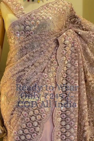 Regal Lavender Heavy Embroidered Designer Net Saree with Ready-to-Wear Draping and Intricate Handwork Detailing – Ideal for Weddings, Receptions & Special Occasions”