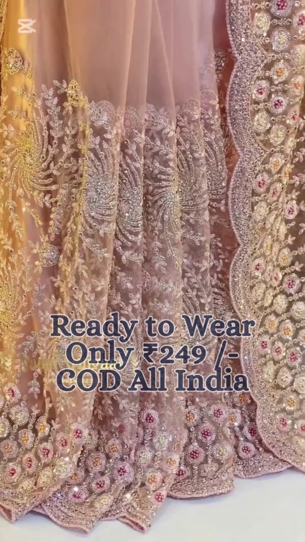 Regal Lavender Heavy Embroidered Designer Net Saree with Ready-to-Wear Draping and Intricate Handwork Detailing – Ideal for Weddings, Receptions & Special Occasions” - Image 4