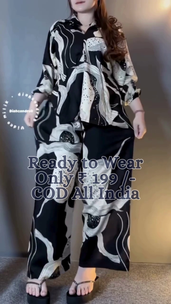 Urban Luxe Oversized Abstract Printed Co-Ord Set for Women – Premium Relaxed Fit Shirt & Wide-Leg Trousers in Monochrome Design | Ready-to-Wear Travel & Lounge Outfit - Image 2