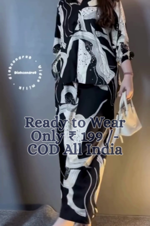 Urban Luxe Oversized Abstract Printed Co-Ord Set for Women – Premium Relaxed Fit Shirt & Wide-Leg Trousers in Monochrome Design | Ready-to-Wear Travel & Lounge Outfit