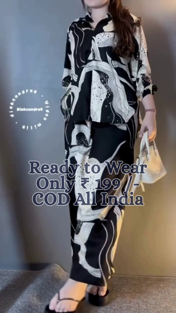 Urban Luxe Oversized Abstract Printed Co-Ord Set for Women – Premium Relaxed Fit Shirt & Wide-Leg Trousers in Monochrome Design | Ready-to-Wear Travel & Lounge Outfit