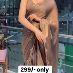 Elegant Bronze Gold Satin Silk Saree with Subtle Embroidered Lace Border – Lightweight Party Wear Ready-to-Drape Saree with Matching Blouse Piece for Festive & Evening Occasions