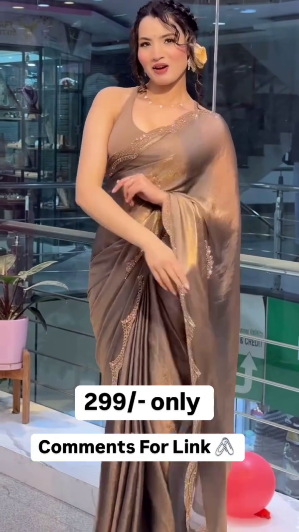 Elegant Bronze Gold Satin Silk Saree with Subtle Embroidered Lace Border – Lightweight Party Wear Ready-to-Drape Saree with Matching Blouse Piece for Festive & Evening Occasions