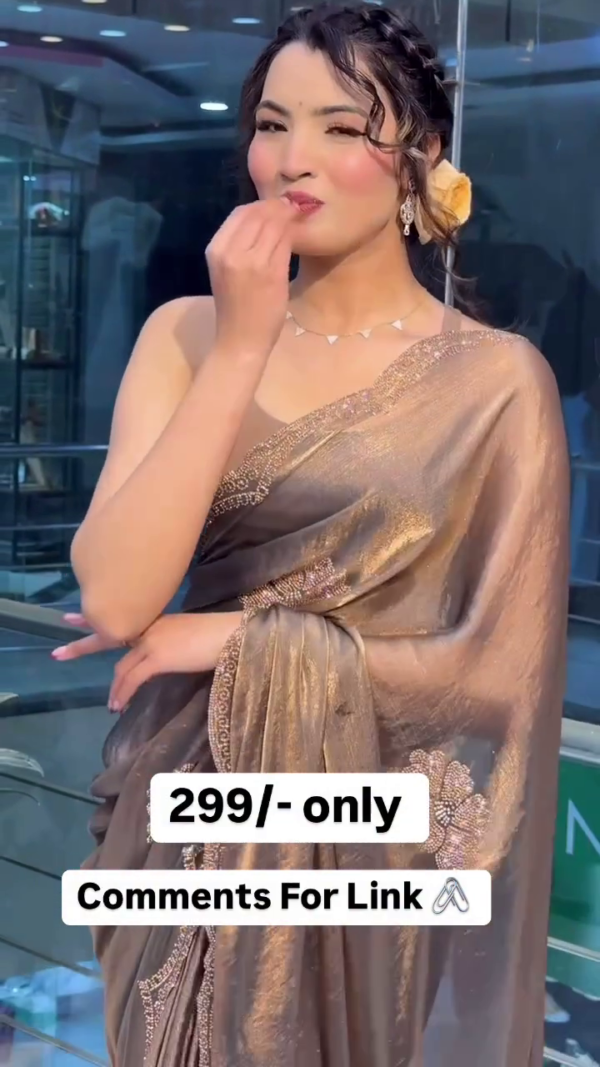 Elegant Bronze Gold Satin Silk Saree with Subtle Embroidered Lace Border – Lightweight Party Wear Ready-to-Drape Saree with Matching Blouse Piece for Festive & Evening Occasions - Image 3