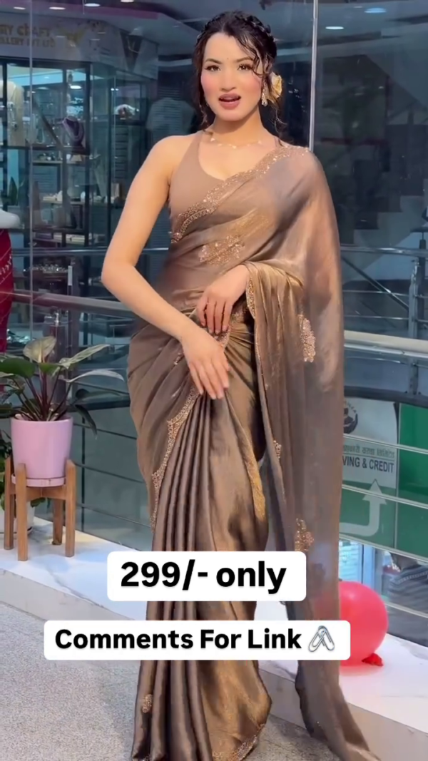 Elegant Bronze Gold Satin Silk Saree with Subtle Embroidered Lace Border – Lightweight Party Wear Ready-to-Drape Saree with Matching Blouse Piece for Festive & Evening Occasions - Image 2