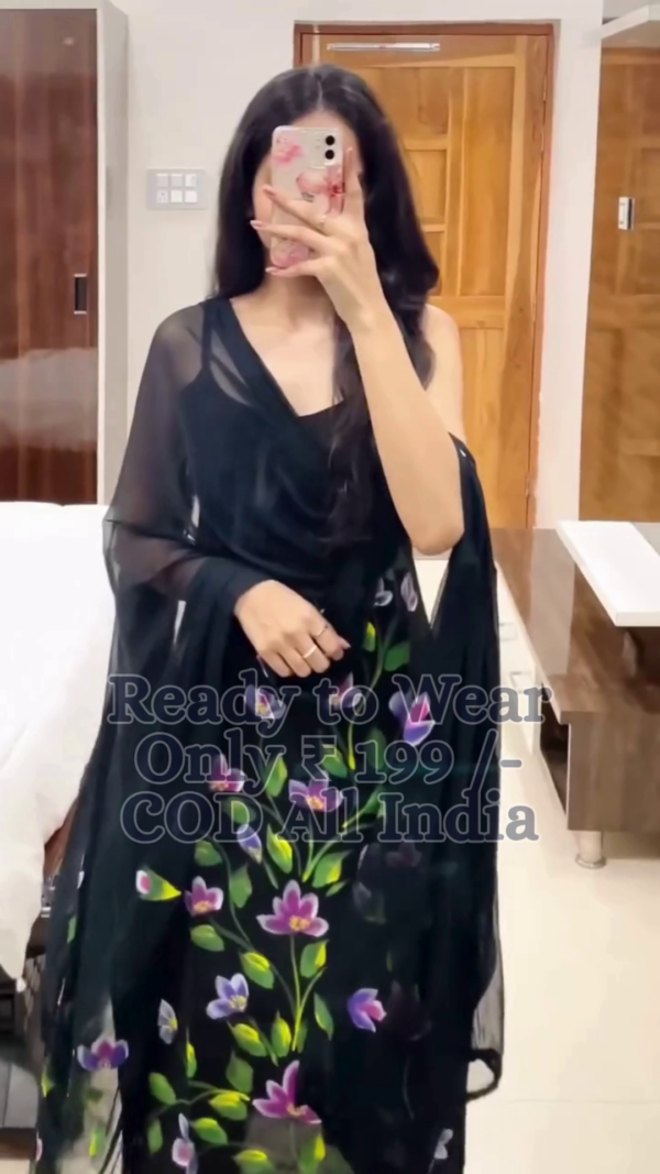 Elegant Black Floral Printed Organza Suit Set with Matching Dupatta – Ready-to-Wear Lightweight Ethnic Outfit for Everyday Grace and Festive Charm”