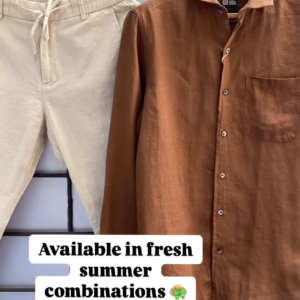 "Men’s Premium Linen-Blend Summer Co-ord Set – Breathable Full-Sleeve Shirt & Drawstring Pants in Natural Tones"