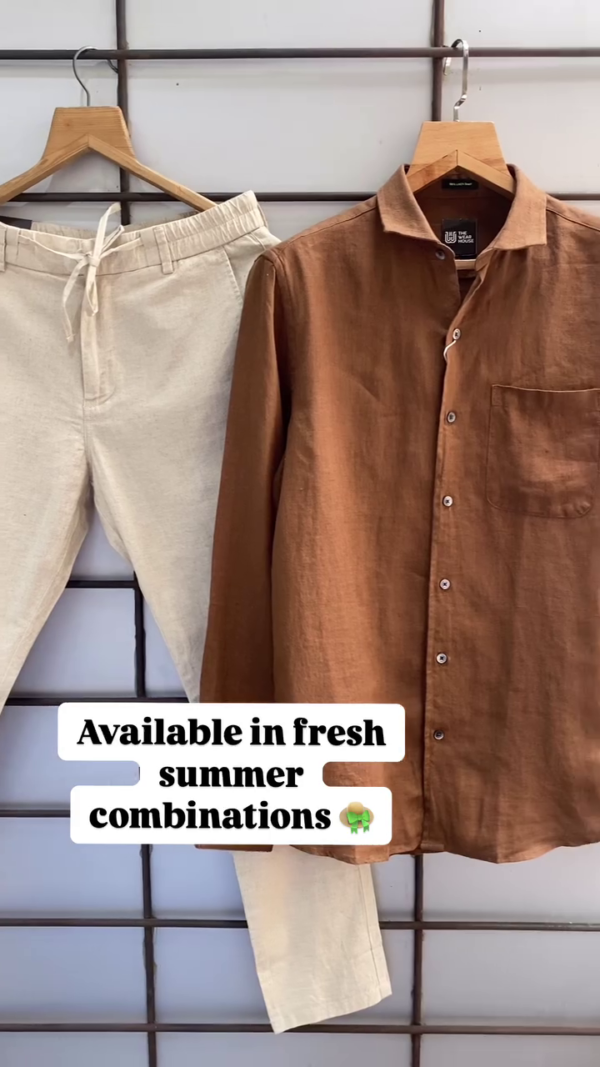 "Men’s Premium Linen-Blend Summer Co-ord Set – Breathable Full-Sleeve Shirt & Drawstring Pants in Natural Tones"