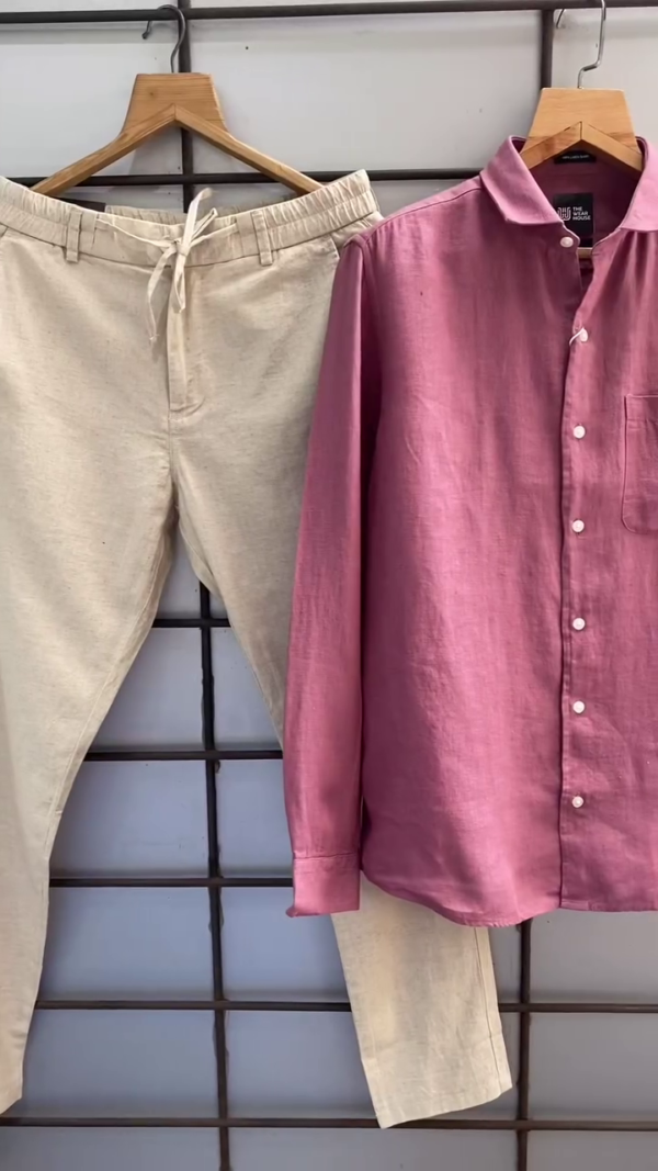 "Men’s Premium Linen-Blend Summer Co-ord Set – Breathable Full-Sleeve Shirt & Drawstring Pants in Natural Tones" - Image 4
