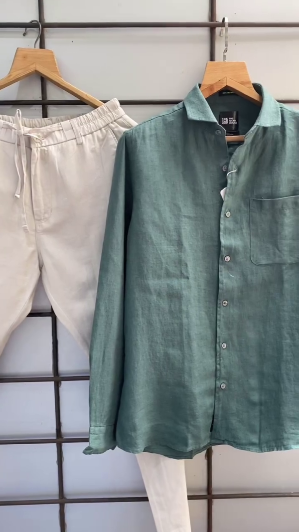 "Men’s Premium Linen-Blend Summer Co-ord Set – Breathable Full-Sleeve Shirt & Drawstring Pants in Natural Tones" - Image 2