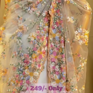 Heavy Embroidered Yellow Net Saree with Multicolour 3D Floral Work and Beads – Festive Traditional Wear