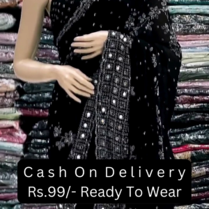 Black Sequin and Mirror Work Embroidered Saree – Glamorous Ready-to-Wear Indian Saree for Women | Party Special | COD ₹99