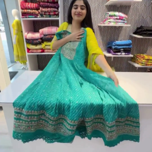 Royal Rajasthani Bandhej Anarkali Gown Set with Dupatta – Traditional Mirror & Gota Work