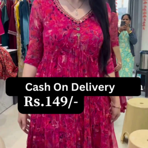 Elegant Red Floral Cotton Frock Kurti Dress – Front Button Pattern