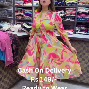 Geometric Multi-Color Printed Fit & Flare Dress – Yellow Base with Pink and Blue Highlights