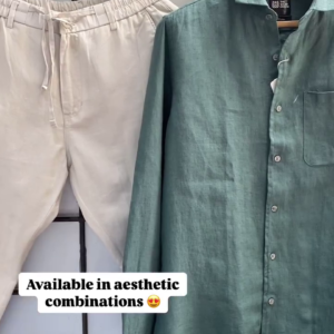 Premium Pure Linen Shirt & Comfort-Fit Drawstring Trouser Set for Men – Elegant Pastel Green Shirt with Classic Beige Pants | Breathable Summer Outfit | Casual & Semi-Formal Wear