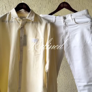 Refined Pastel Yellow Striped Shirt with Classic White Slim-Fit Jeans – Smart Casual Outfit