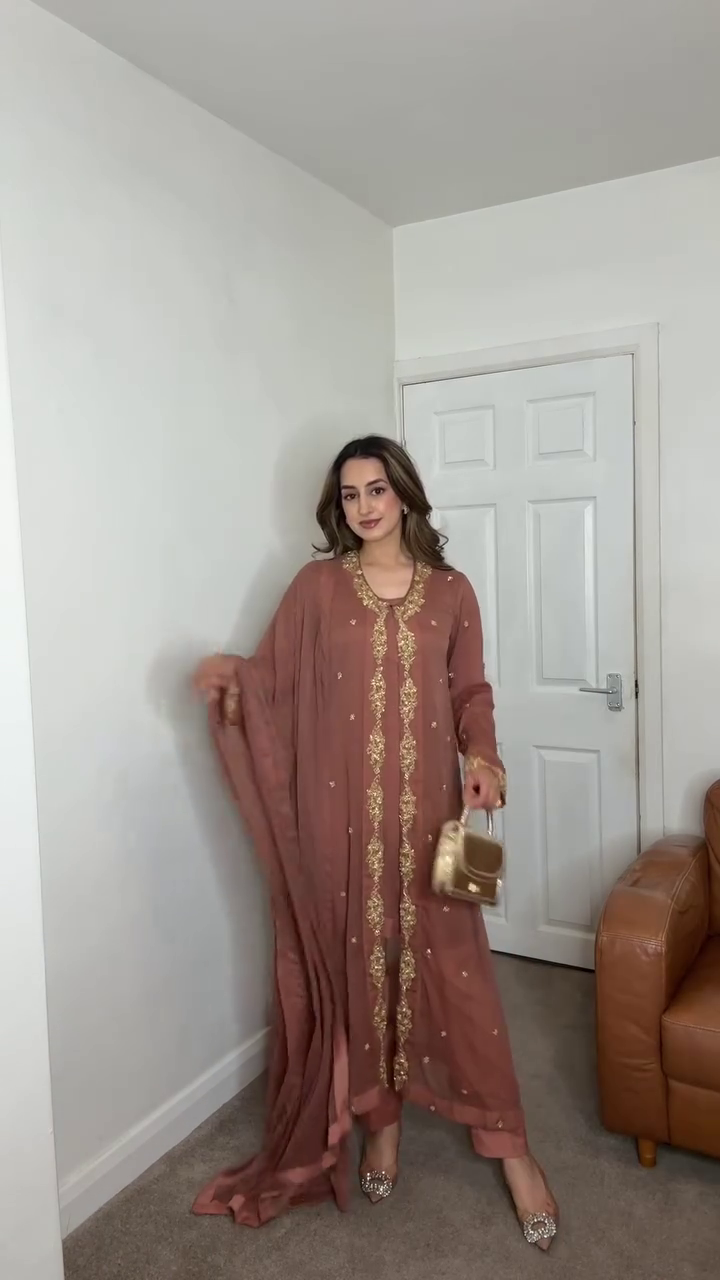 Dusty Rose Georgette Suit with Golden Embroidery πΈβ¨