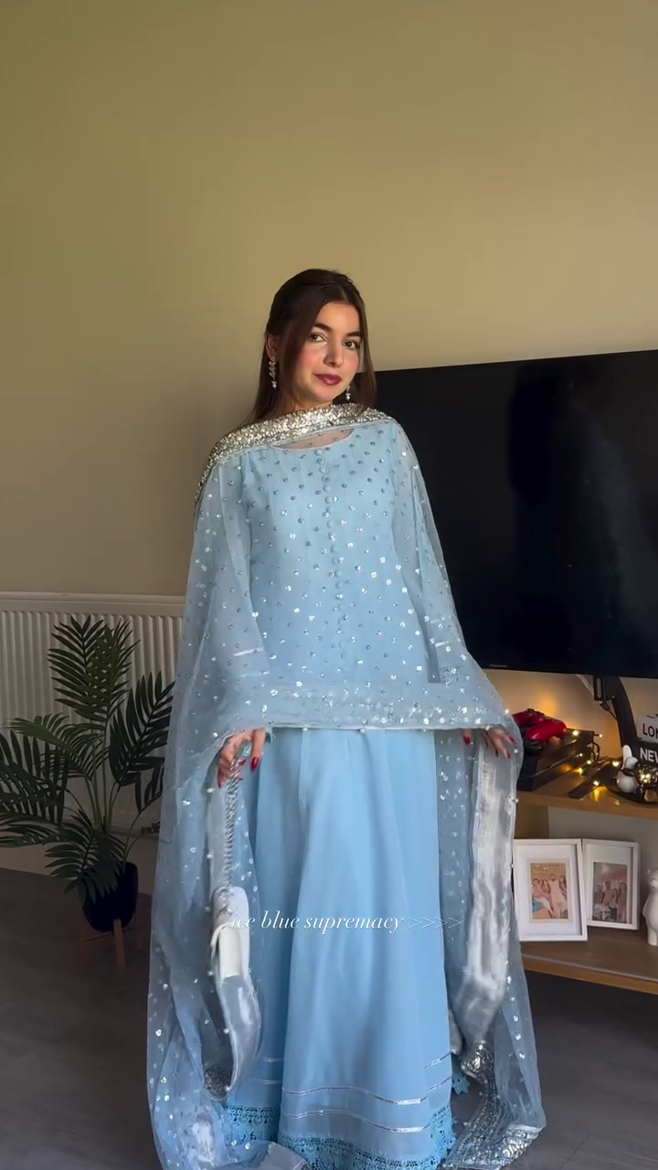 Ice Blue Net Embroidered Suit with Shimmer Detailing βοΈπ