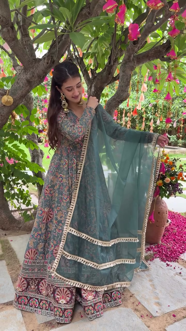 Teal Green Full-Length Anarkali with Intricate Mughal-Inspired Embroidery & Organza Dupatta 🌿✨ - Image 2