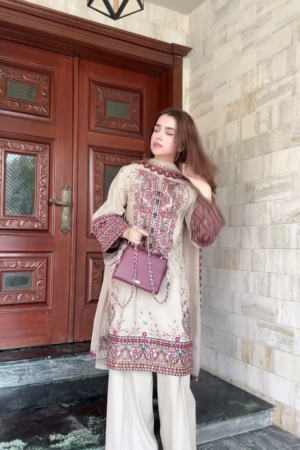 Cream Beige Embroidered Lawn Suit with Printed Borders & Maroon Detailing πΈπ€