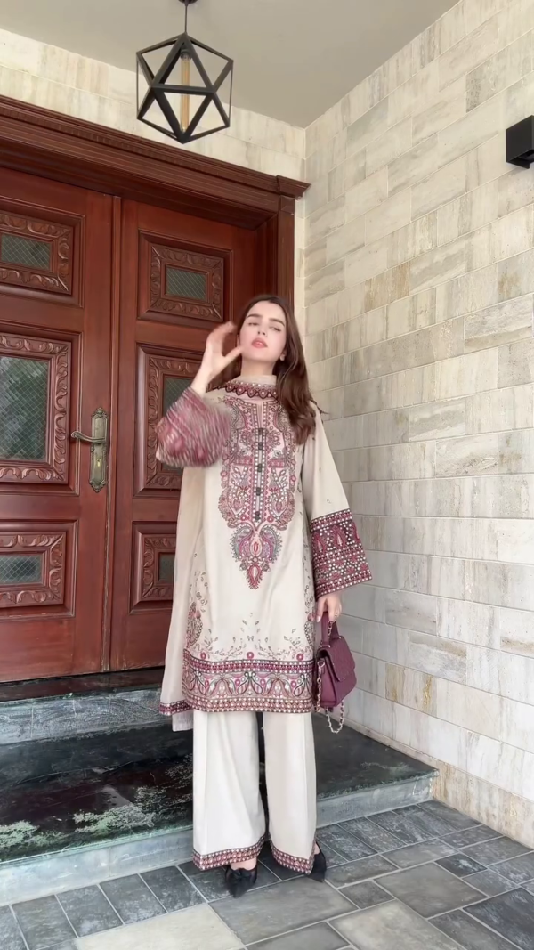 Cream Beige Embroidered Lawn Suit with Printed Borders & Maroon Detailing 🌸🤍 - Image 2