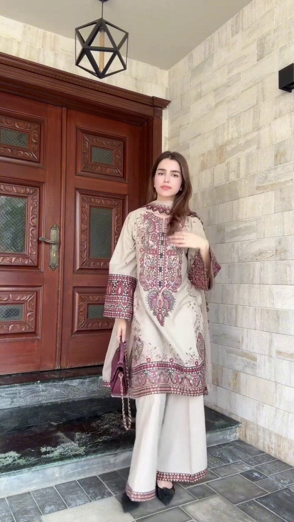 Cream Beige Embroidered Lawn Suit with Printed Borders & Maroon Detailing 🌸🤍 - Image 3