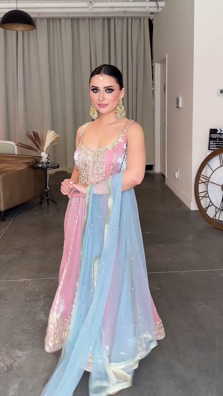 Elegant Pastel Pink & Sky Blue Designer Anarkali Gown - Image 2