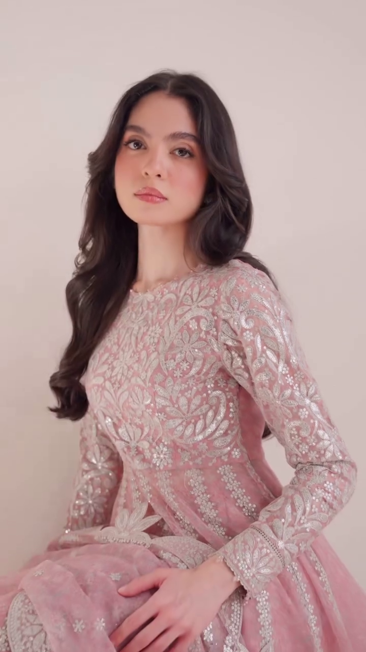 Dusty Rose Pink Embroidered Net Anarkali Gown - Image 2