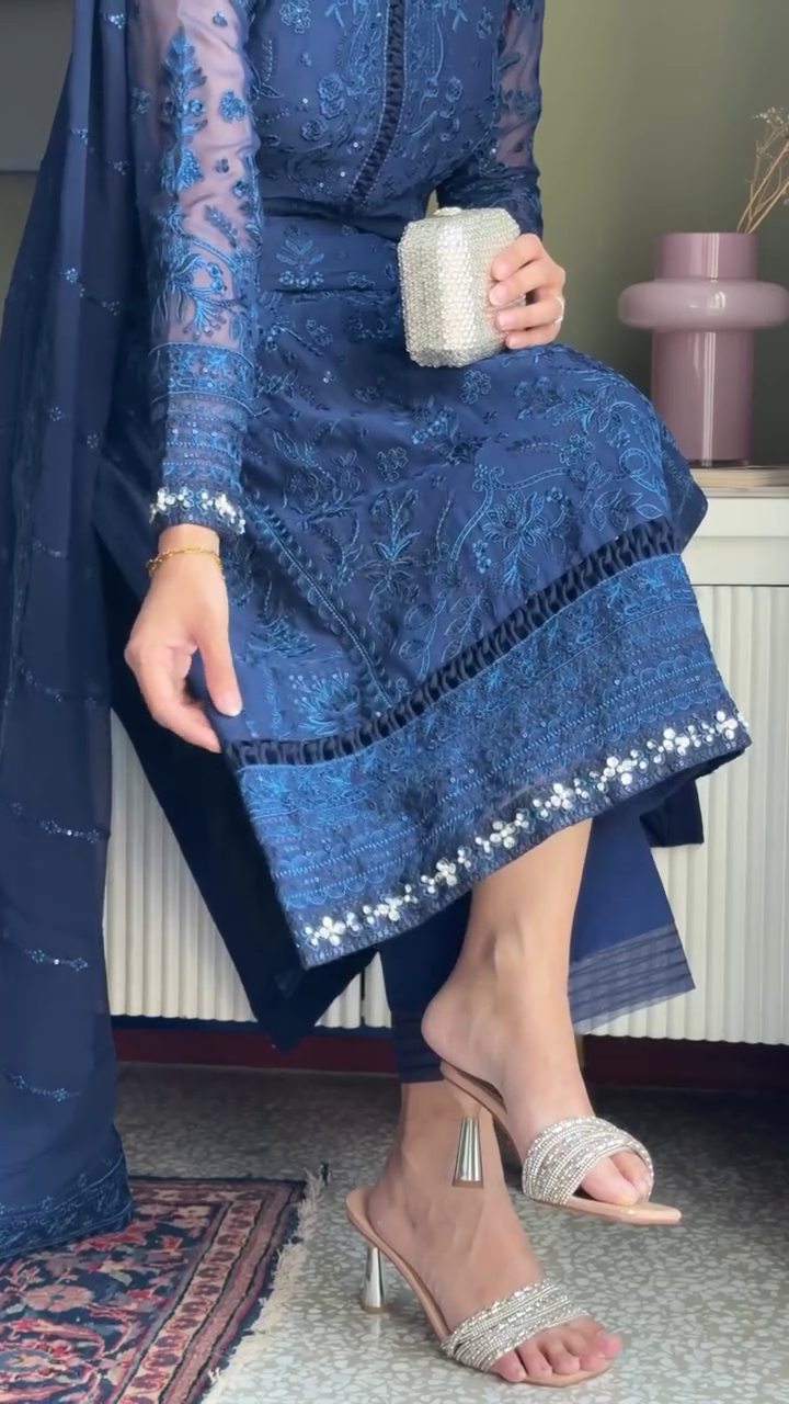 Midnight Blue Embroidered Georgette Anarkali Suit - Image 3