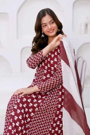 Maroon & White Printed Cotton Anarkali Set