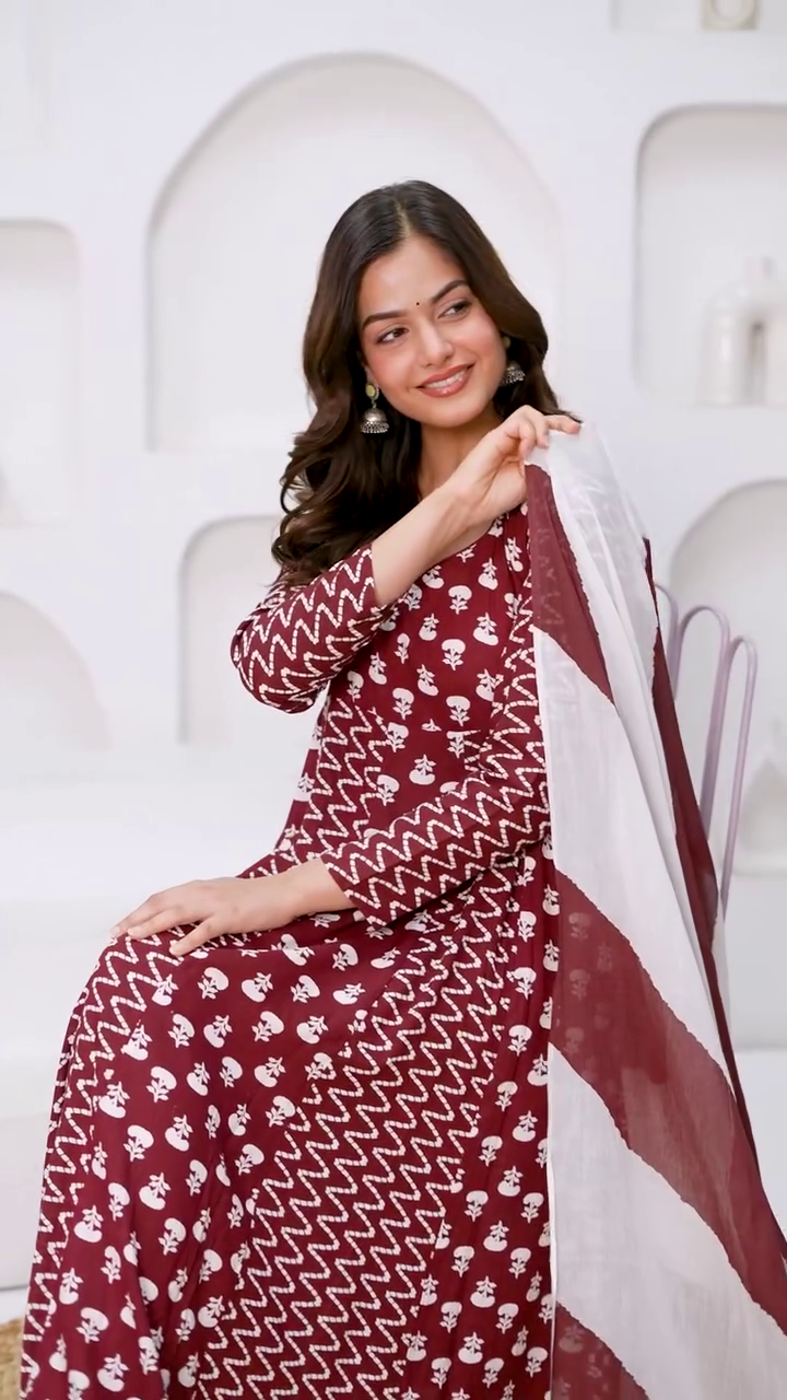 Maroon & White Printed Cotton Anarkali Set