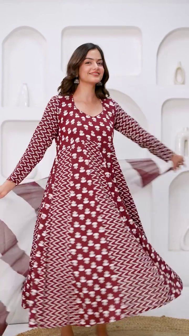 Maroon & White Printed Cotton Anarkali Set - Image 2