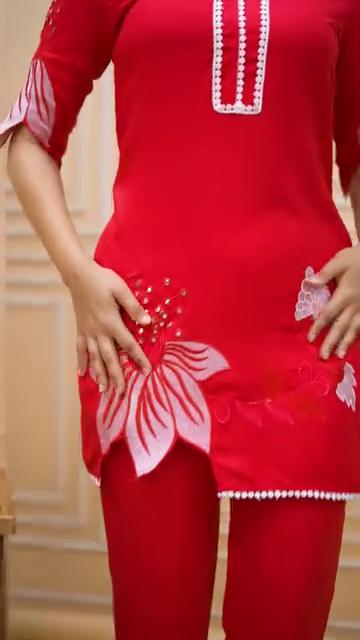 Scarlet Red Embellished Kurta & Pant Set - Image 4