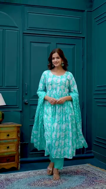 Aqua Blue Tie-Dye Printed Cotton Anarkali Set - Image 4