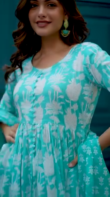 Aqua Blue Tie-Dye Printed Cotton Anarkali Set - Image 3