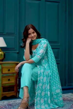 Aqua Blue Tie-Dye Printed Cotton Anarkali Set